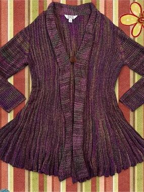 Y2k Whimsigoth Plum Purple & Olive Ribbed Flare Cardigan Button Closure